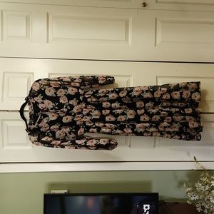 Aqua maxi dress.Black, floral print Sheer long sleeves.